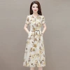 Summer 2024 new Chinese-style printed mid-length, slim and fashionable dress, short-sleeved V-neck, commuter style chiffon dress details Picture